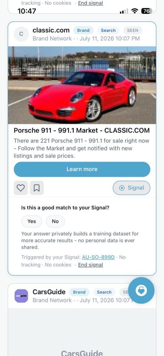 A brand response in the feed — a Porsche 911 market listing matched to your signal, with no personal data shared